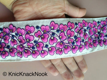 Beige Fabric Trim With Green / Orange / Fuchsia Pink Floral Embroidery, 58mm wide - 200317L454 / 55 / 56